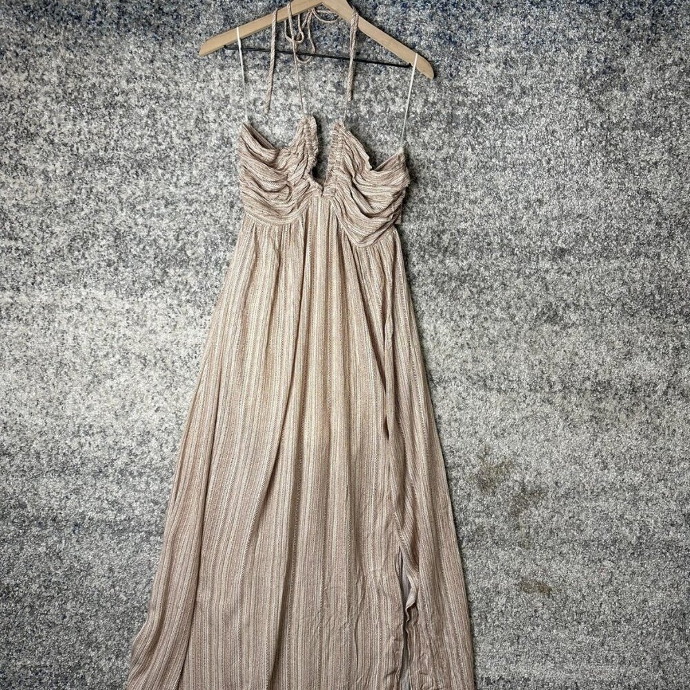Katwalk Dress Womens Large Taupe Tie Top Printed‎ Maxi Rayon Boho Formal Summer